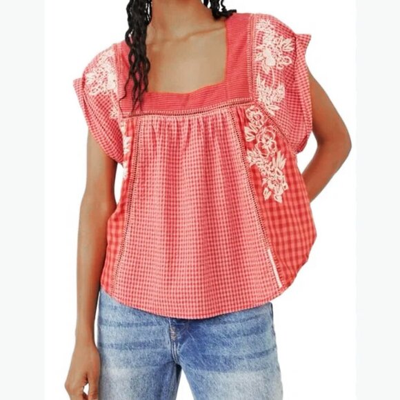 Free People Half Moon Embroidered Shirt Peasant Top Size Large  - Picture 1 of 10